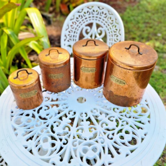 Vintage Copper Kitchen Canister Set Flour Sugar Coffee Tea Rustic Farmhouse - Picture 7 of 11